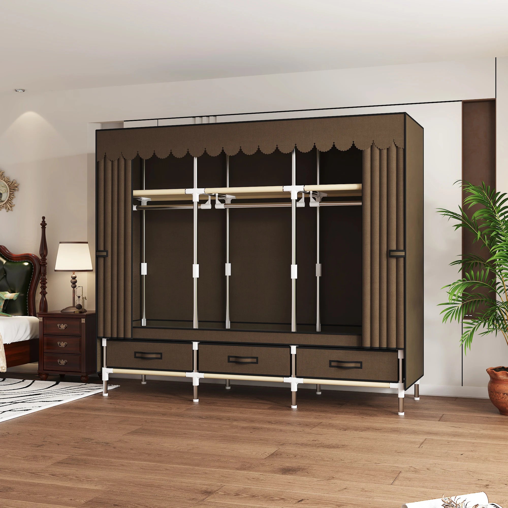 Portable Wardrobe Closet with Steel Frame Includes Storage Compartment And Drawers