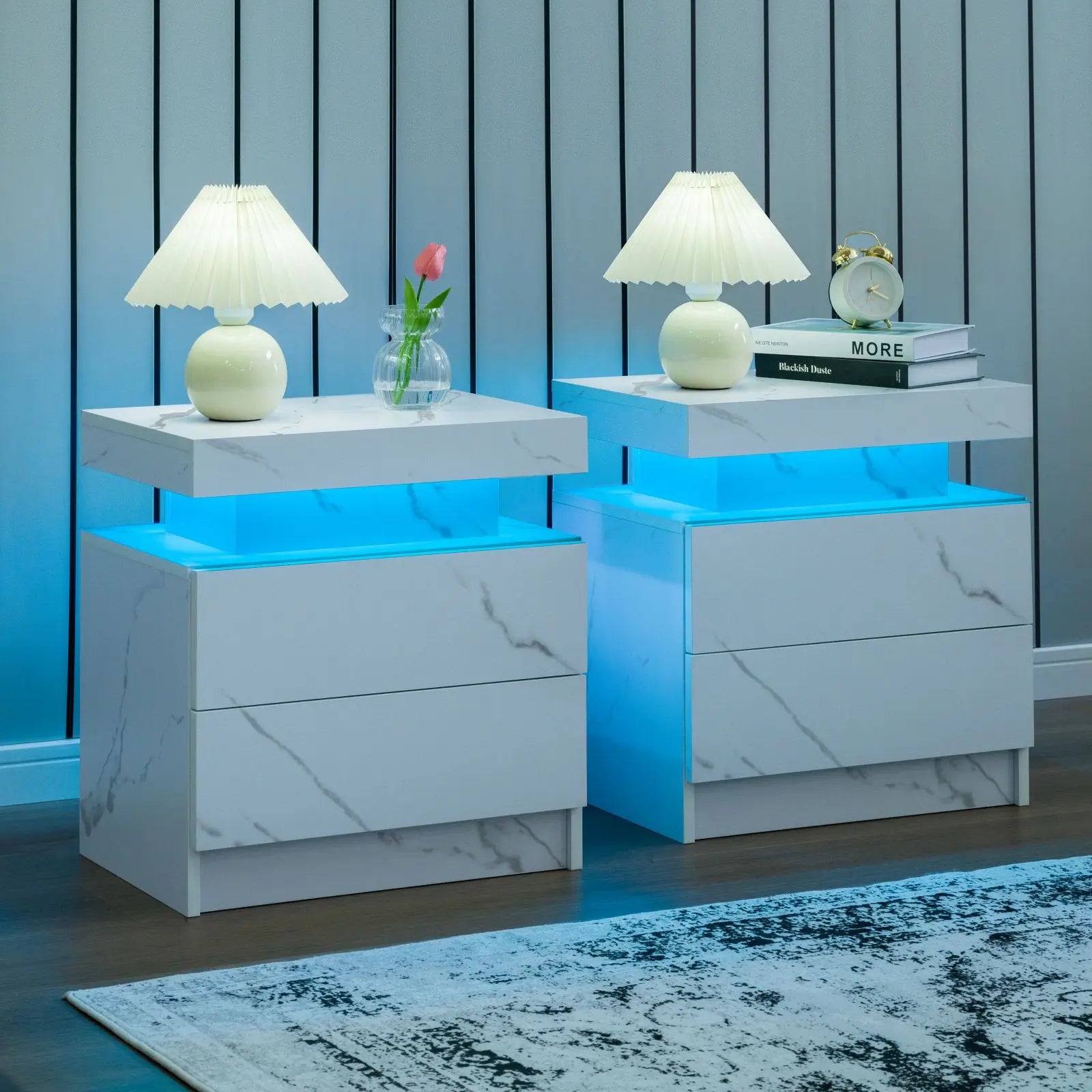 Set of 2 LED Nightstand with 2 Drawers for Bedroom