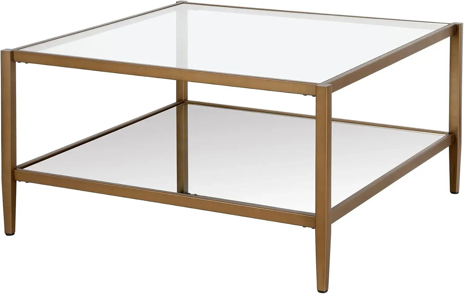 -32" Wide Square Coffee Table with Mirror Shelf in Antique Brass