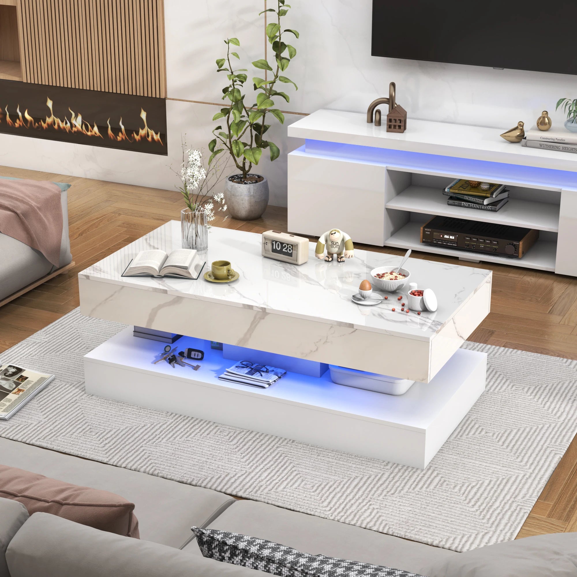 Table with LED lights, Double-Layer Design for Living Room