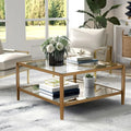 -32" Wide Square Coffee Table with Mirror Shelf in Antique Brass
