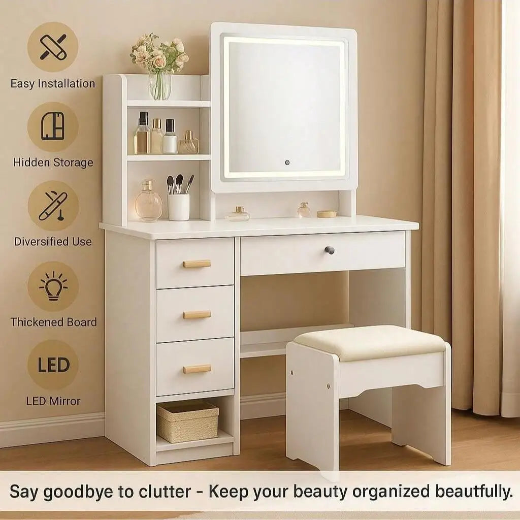 Large Vanity Table Set with LED Mirror, 5 Drawers & Shelves