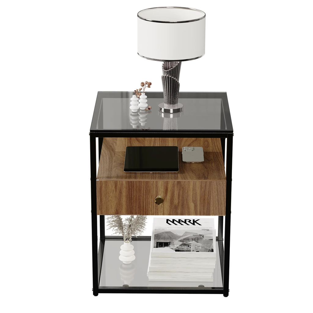 Tempered Glass Side Table, Nightstand, with Drawer and Shelf