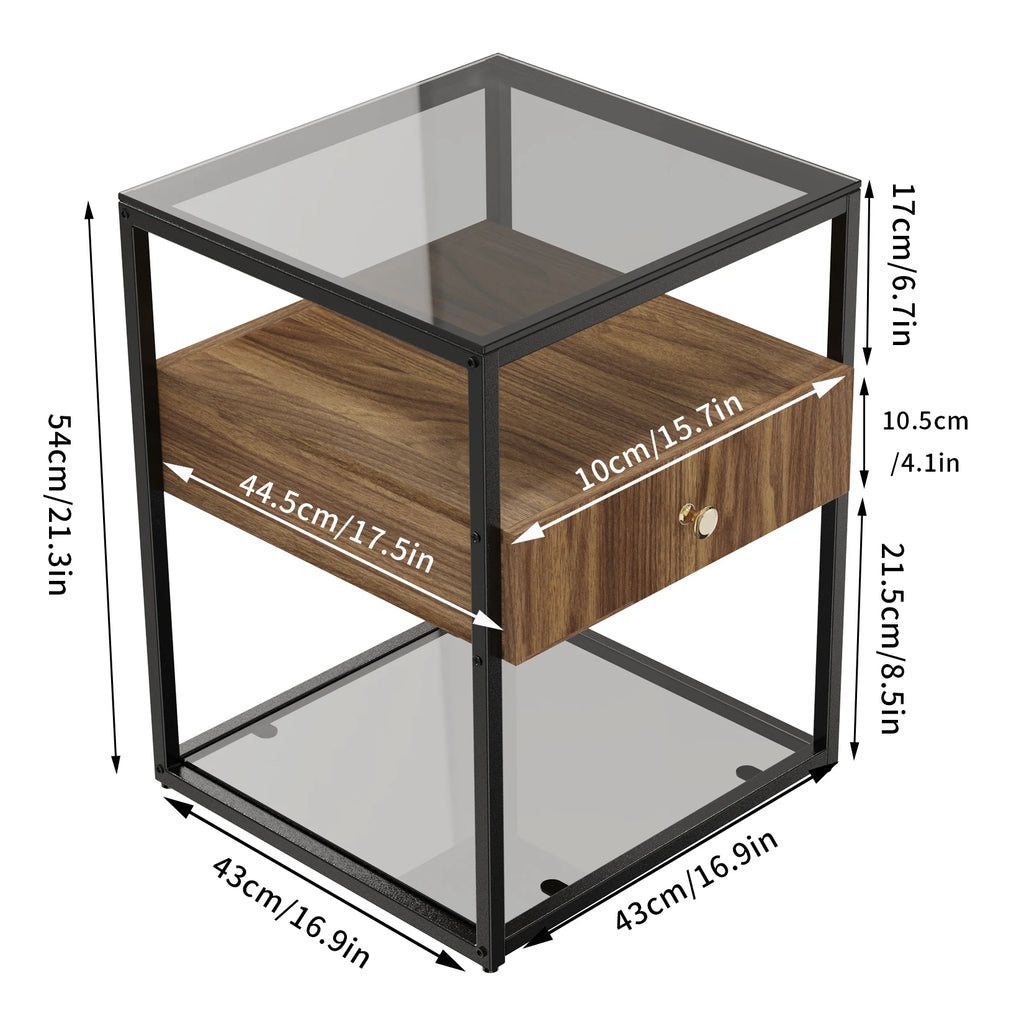 Tempered Glass Side Table, Nightstand, with Drawer and Shelf