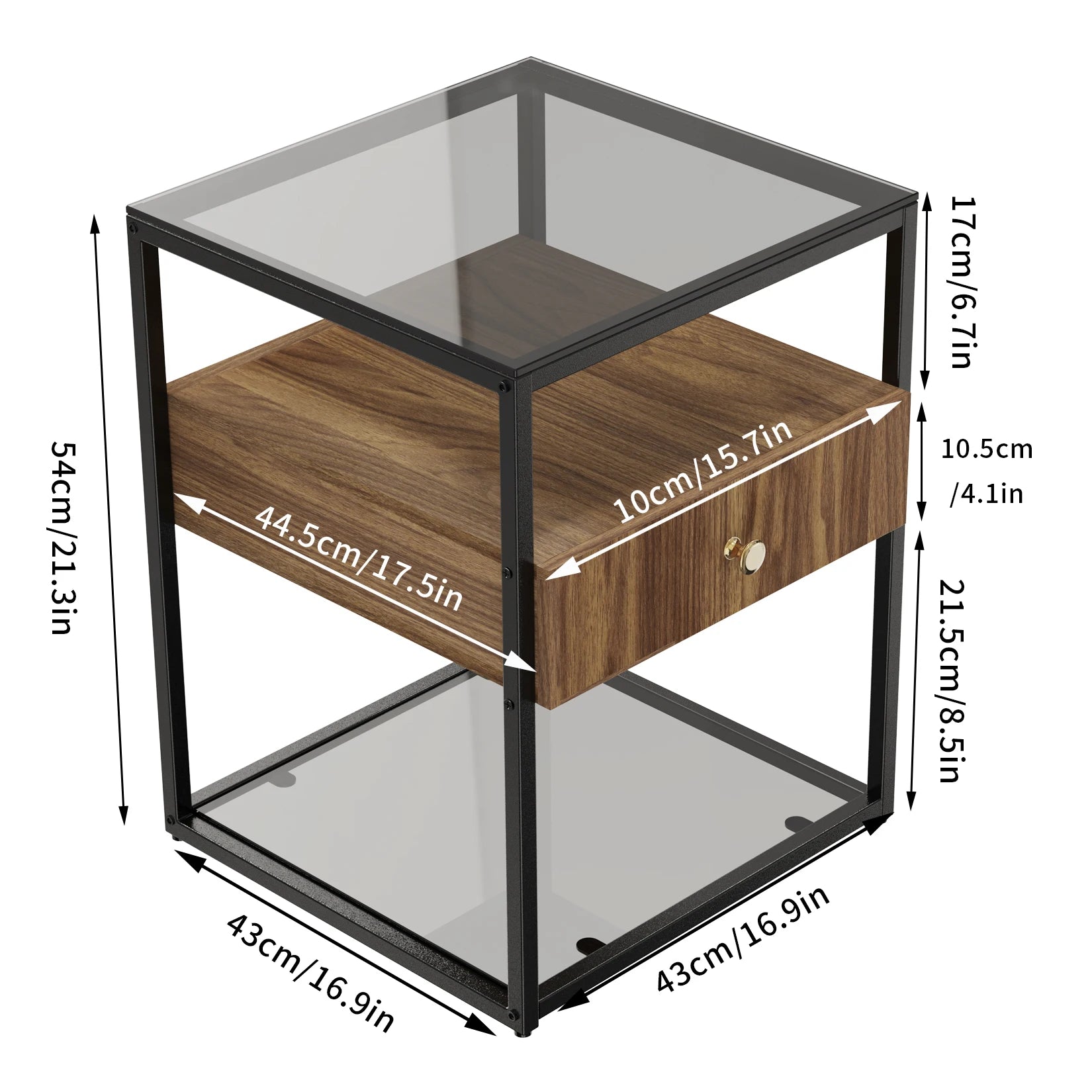 Tempered Glass Side Table, Nightstand, with Drawer and Shelf