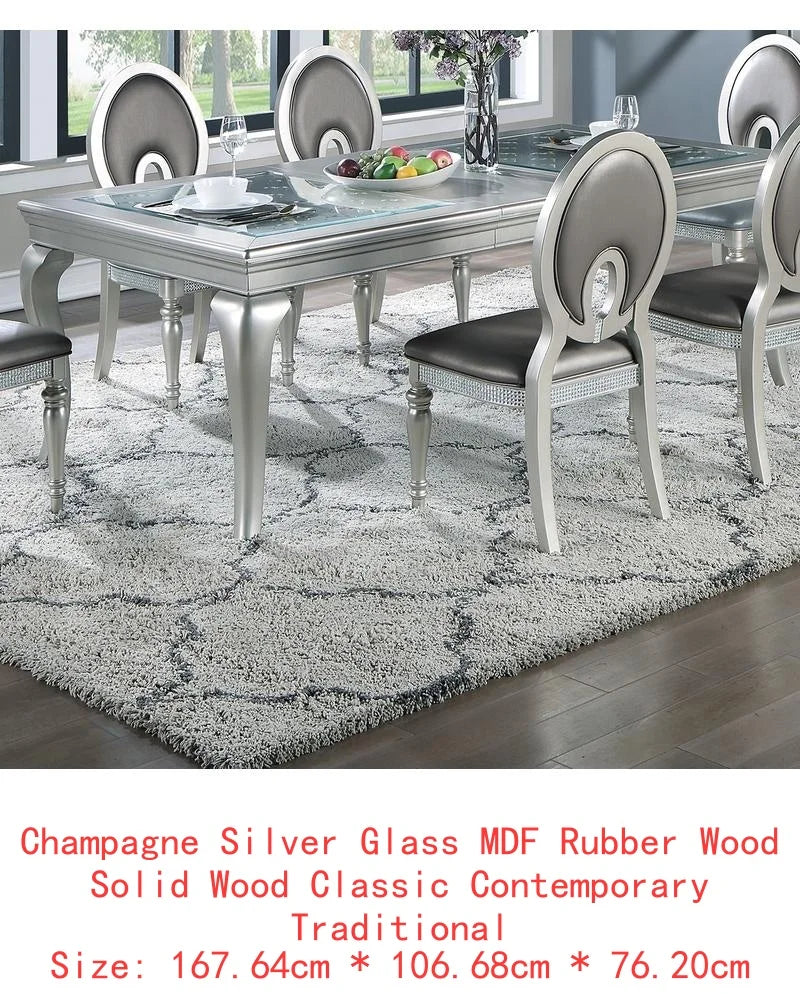 7pc Rect. Glass Dining Table Set w/ Silver Hue