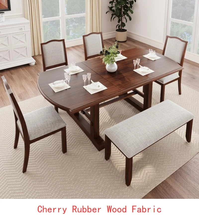 6-Piece Dining Set, Extendable 60-78 inch Wooden Table with Leaf
