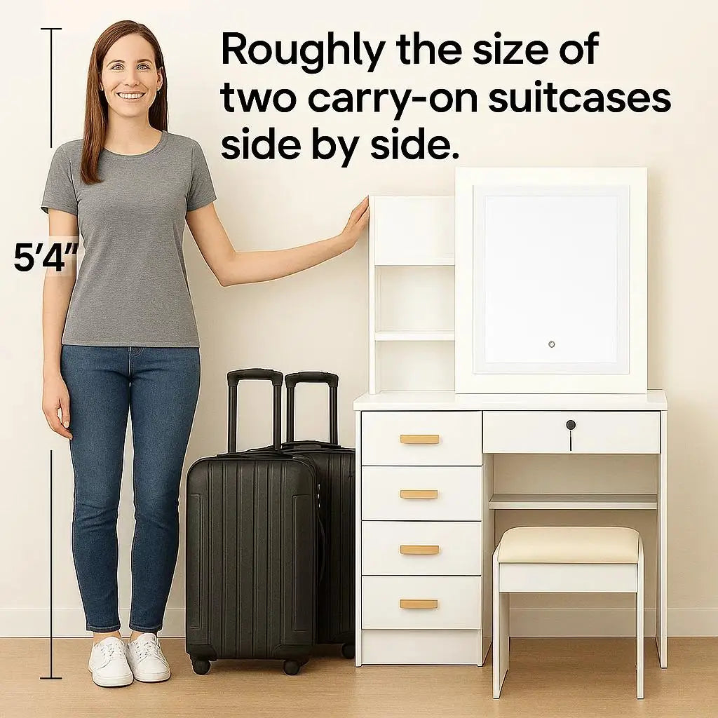 Large Vanity Table Set with LED Mirror, 5 Drawers & Shelves