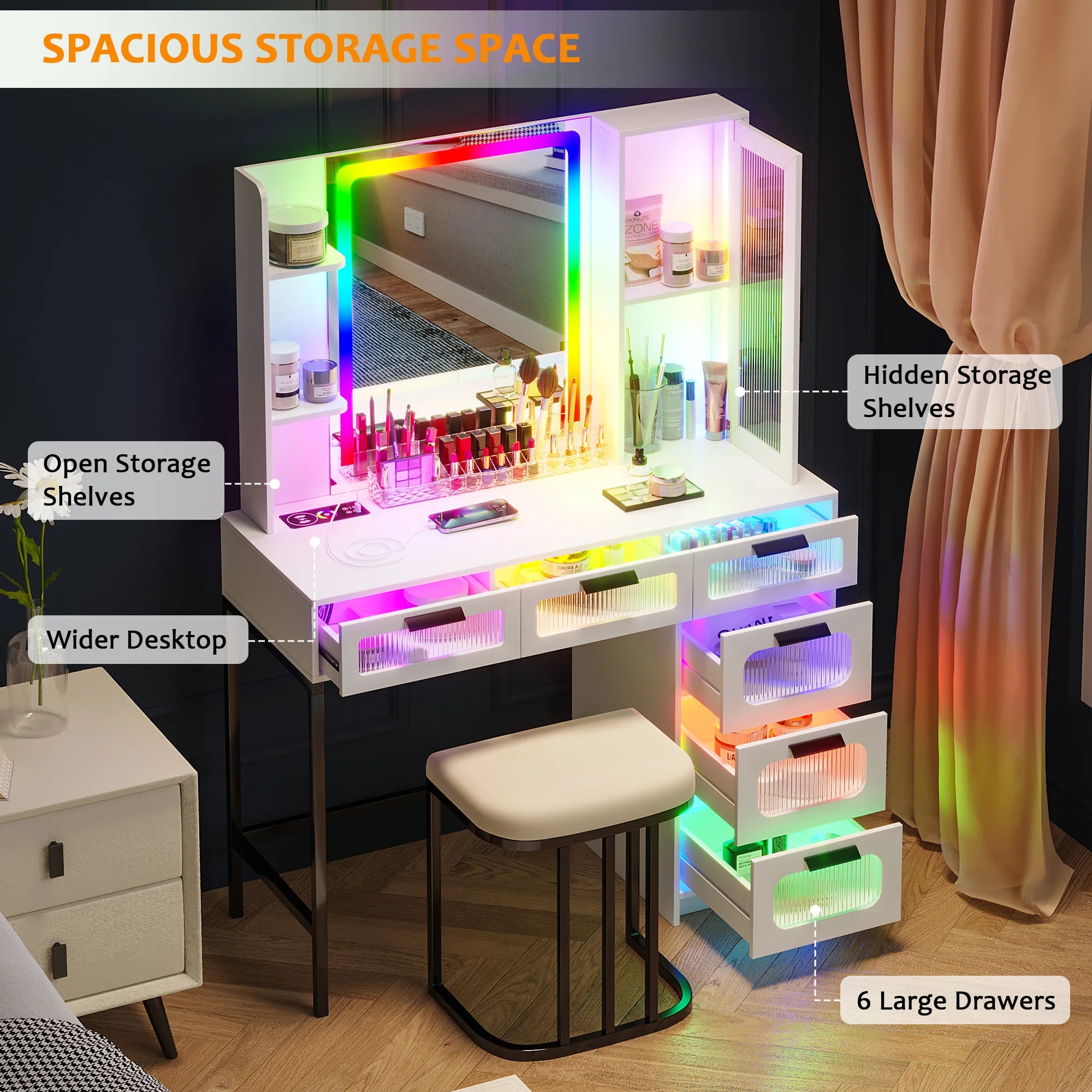 Vanity with RGB Lights and 6 Drawers, with USB/Wireless Charging