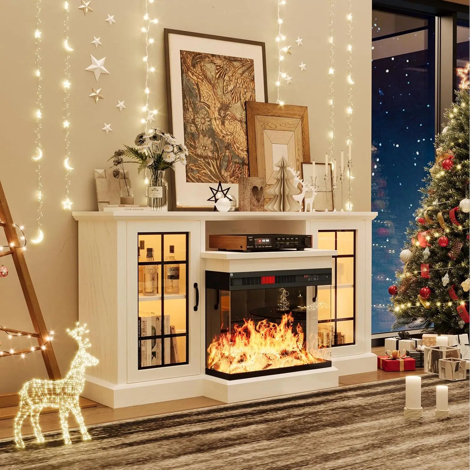 59"Glass Fireplace TV Stand w/ 3-Sided View - Holds 65" TVs