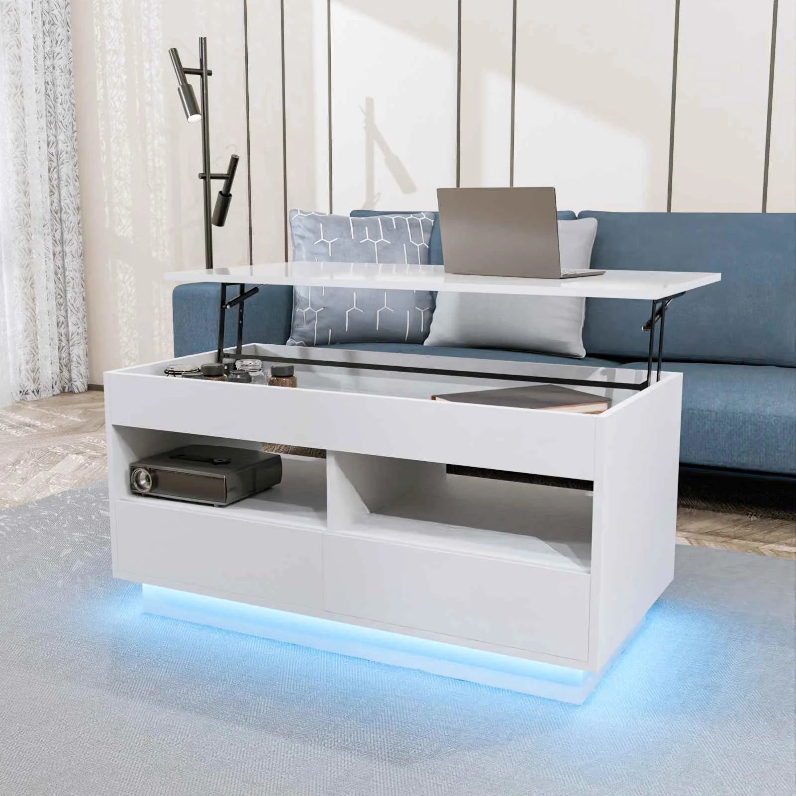 Top Lift Coffee Table with RGB LED Light High Gloss Surface