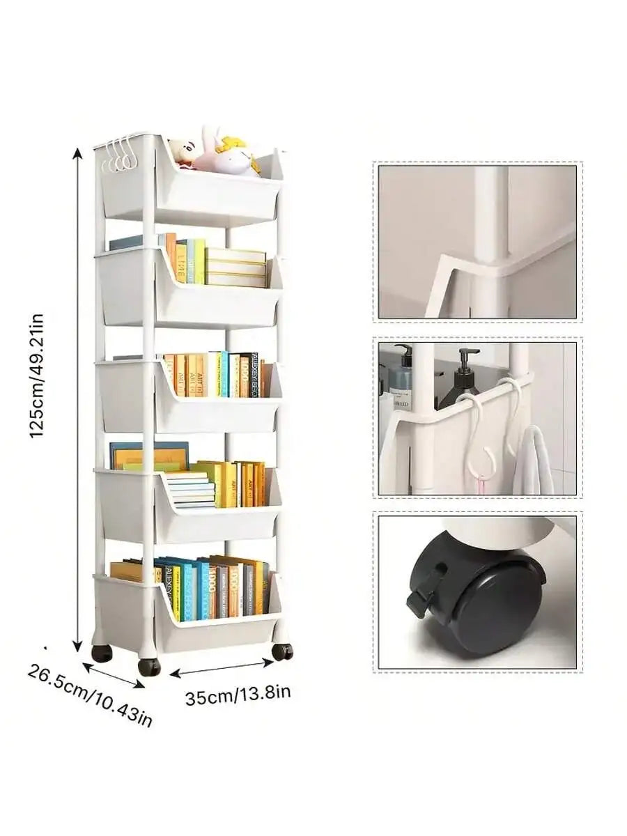Multi-Tier  Slim Rolling Cart with Storage Bins and Hooks