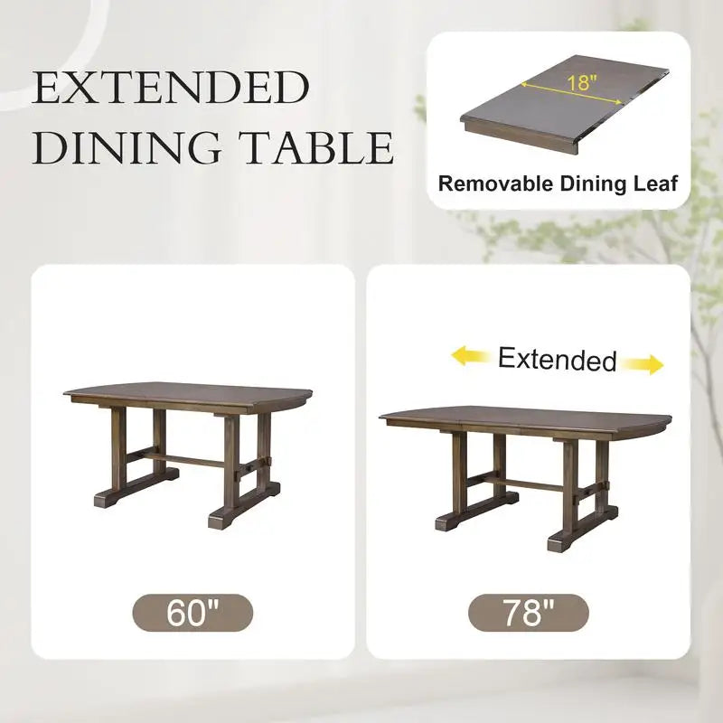 6-Piece Dining Set, Extendable 60-78 inch Wooden Table with Leaf
