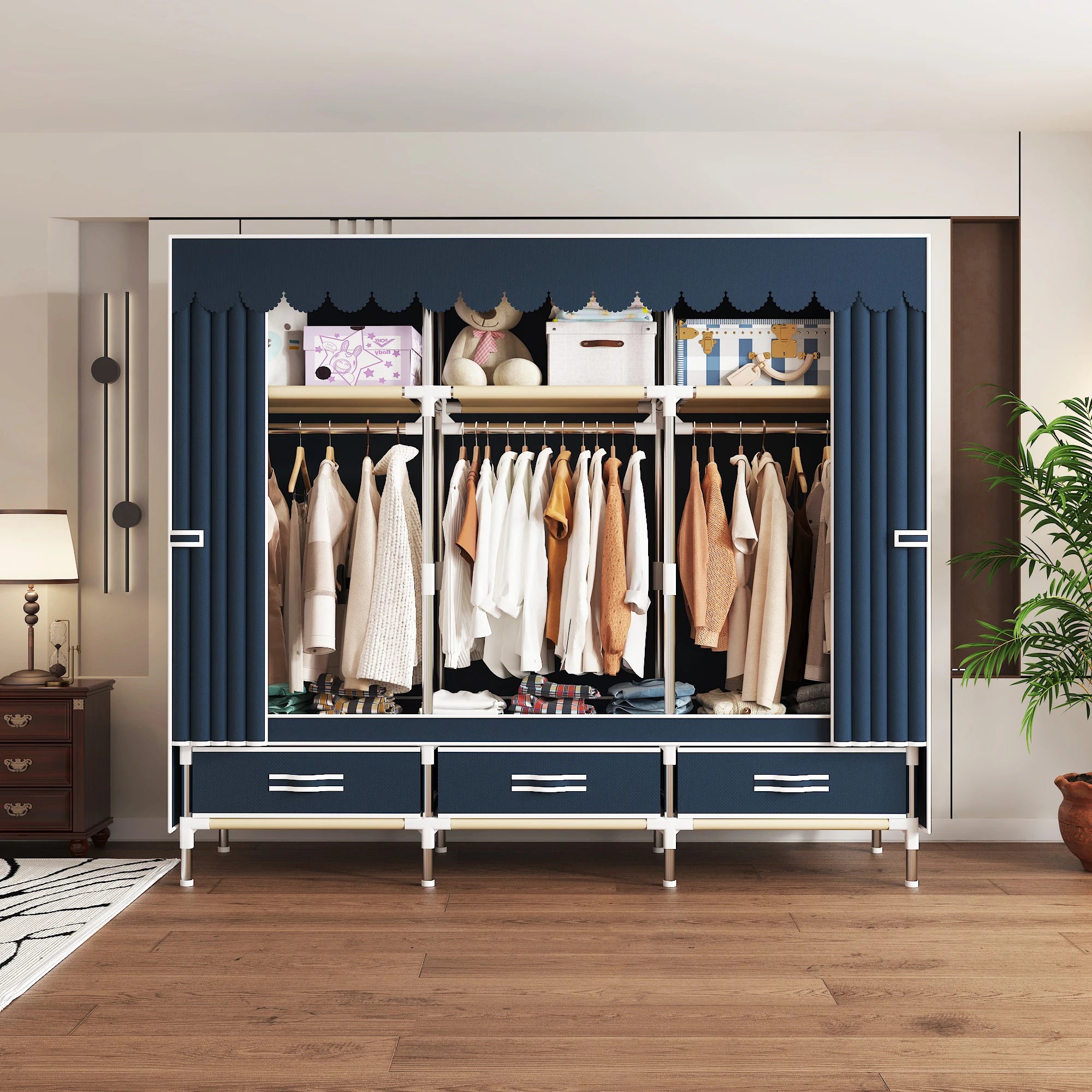 Portable Wardrobe Closet with Steel Frame Includes Storage Compartment And Drawers