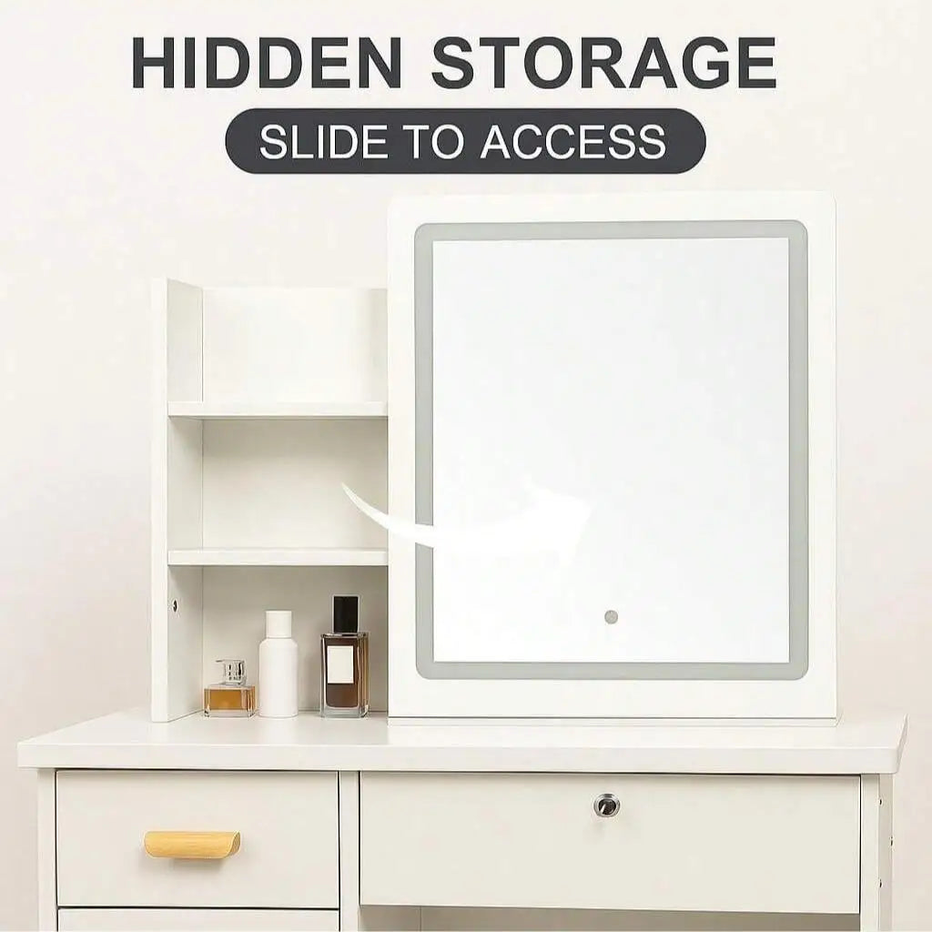 Large Vanity Table Set with LED Mirror, 5 Drawers & Shelves