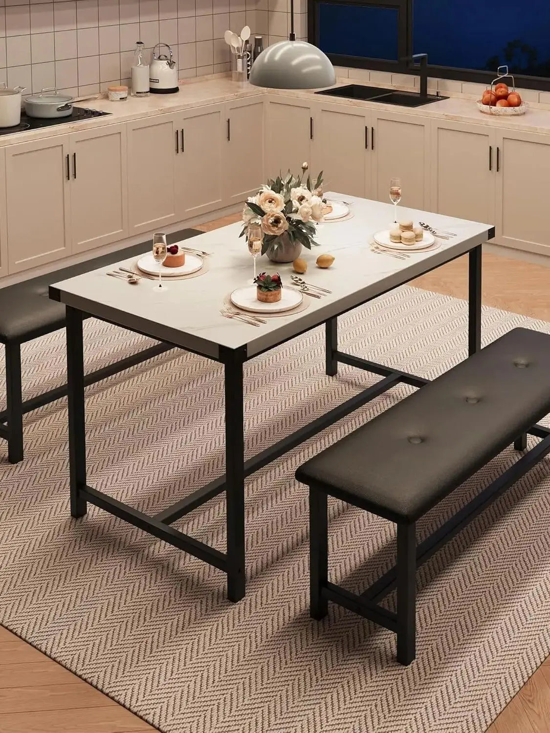 Dining Table Set with 2 Upholstered Bench