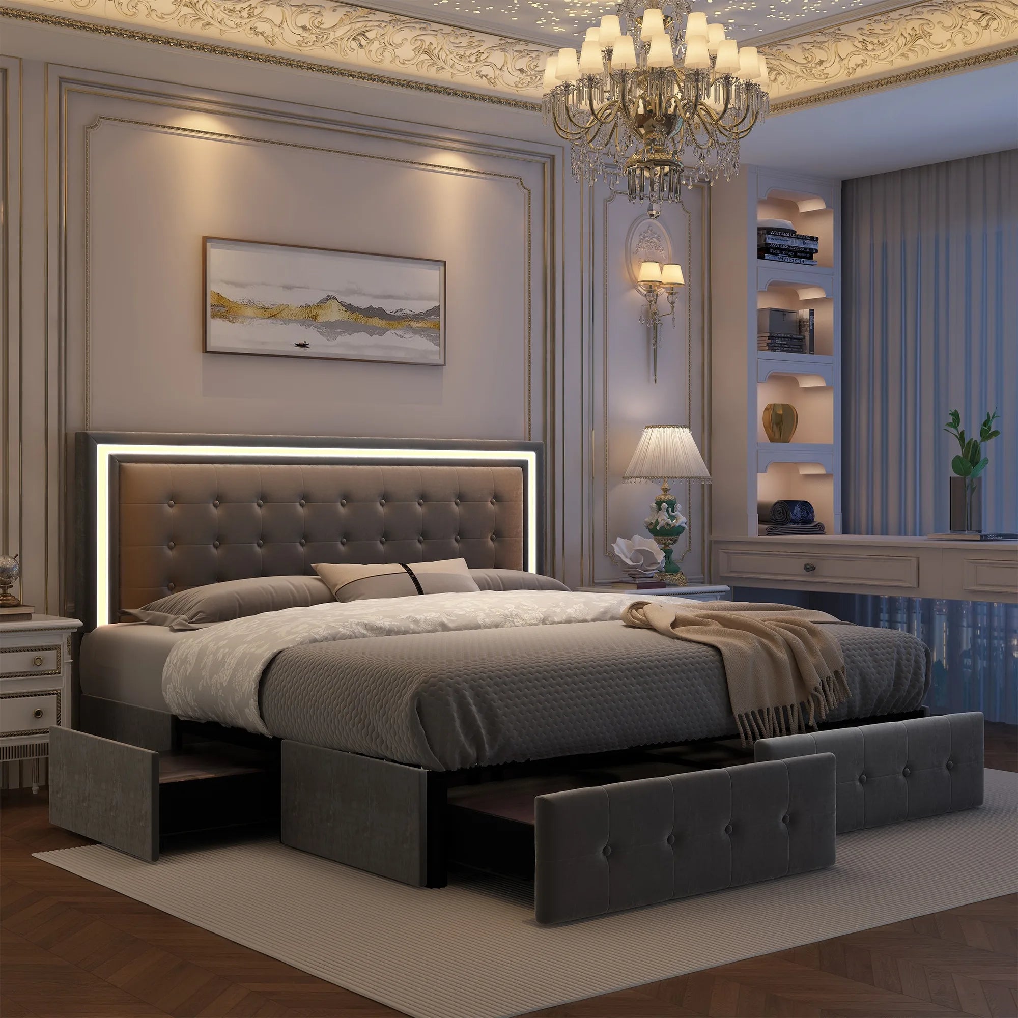 Queen LED Bed Frame with 4 Storage Drawers No Box Spring