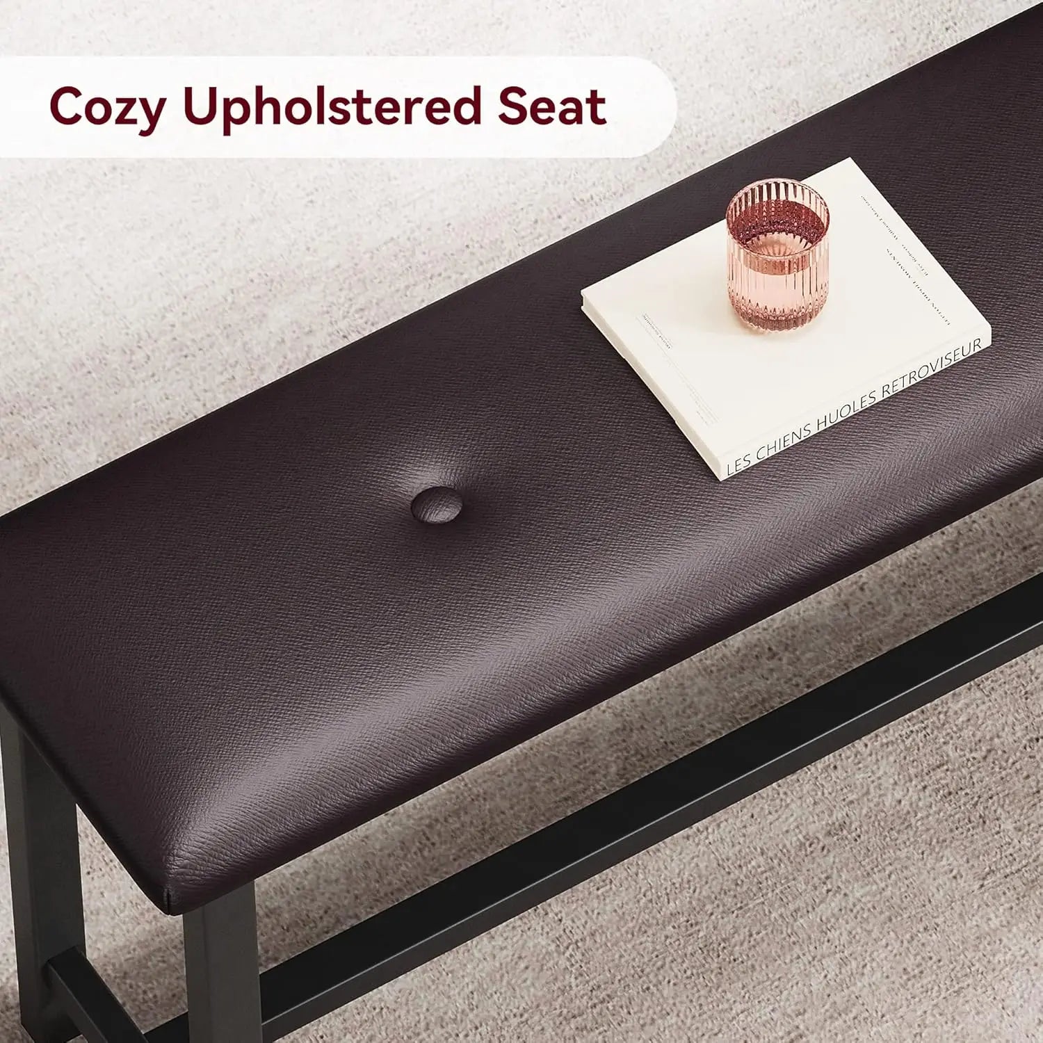 Brown Dining Table Set for 4,  With Upholstered Benches