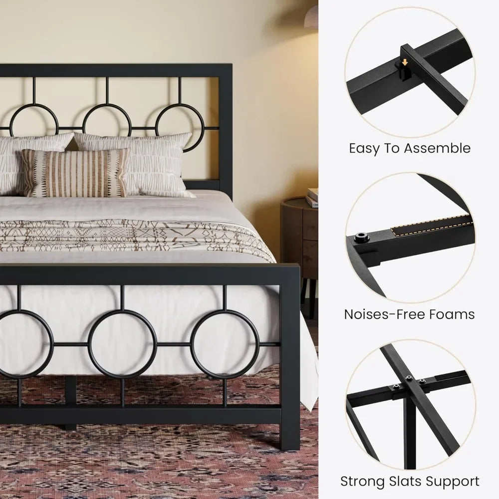 Full Size Bed Frame with Circular Design Headboard and Footboard, No Box Spring Required