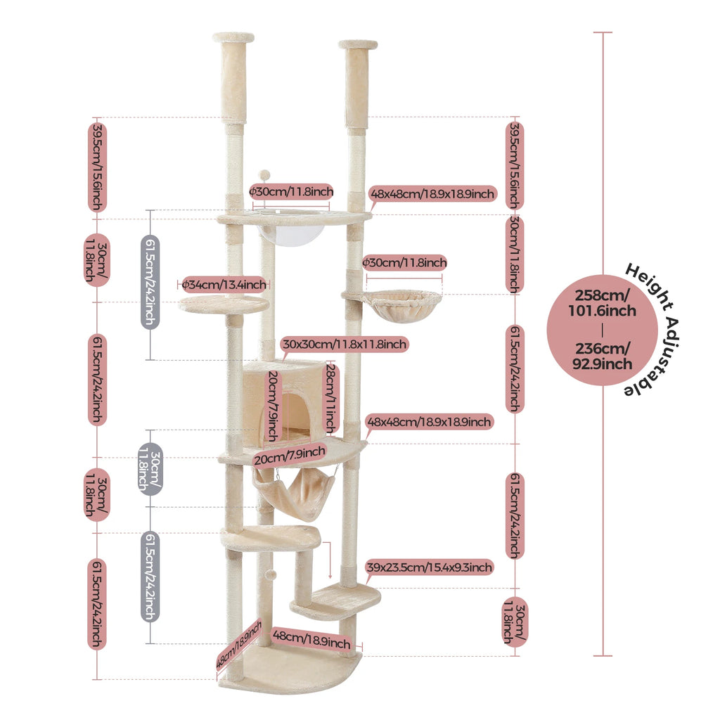 Floor to Ceiling Cat Tower with Scratching Posts Cozy Condo Hammock