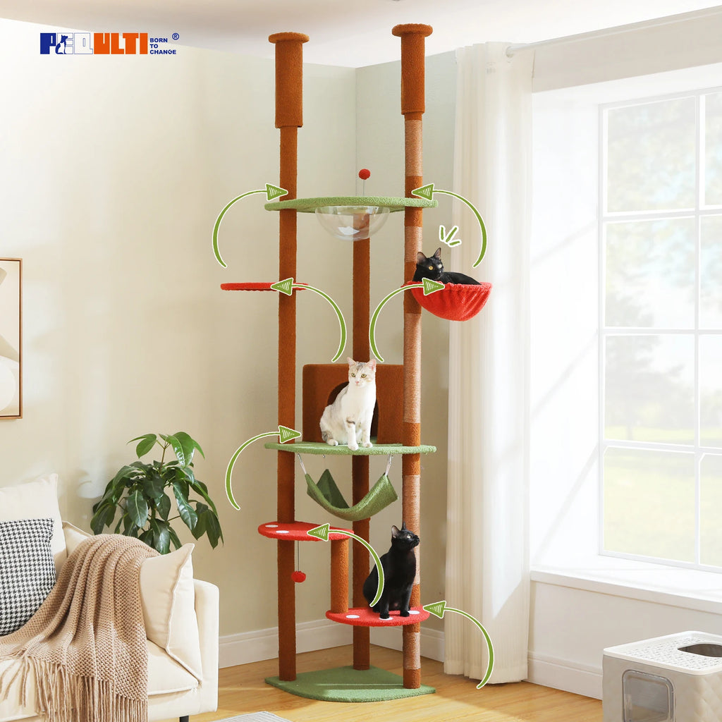 Floor to Ceiling Cat Tower with Scratching Posts Cozy Condo Hammock