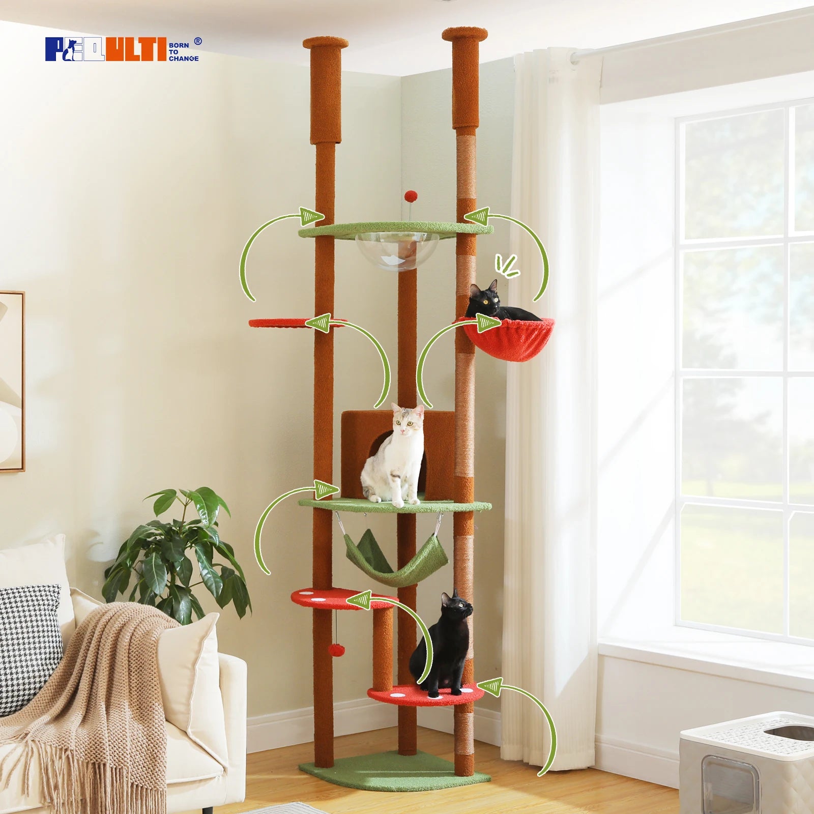 Floor to Ceiling Cat Tower with Scratching Posts Cozy Condo Hammock