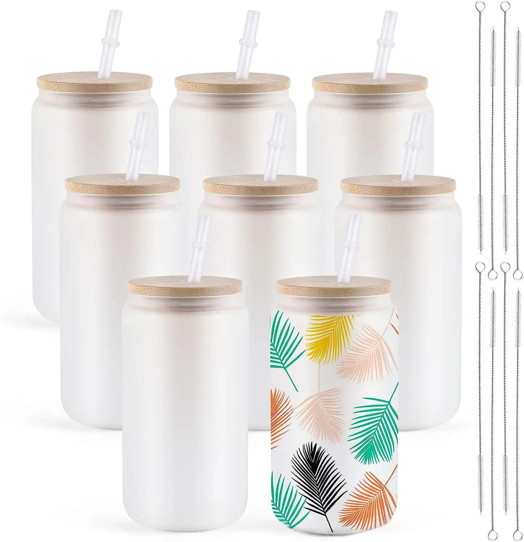 8 Pack 16OZ Frosted/Clear Glass Sublimation Tumblers with Bamboo Lid