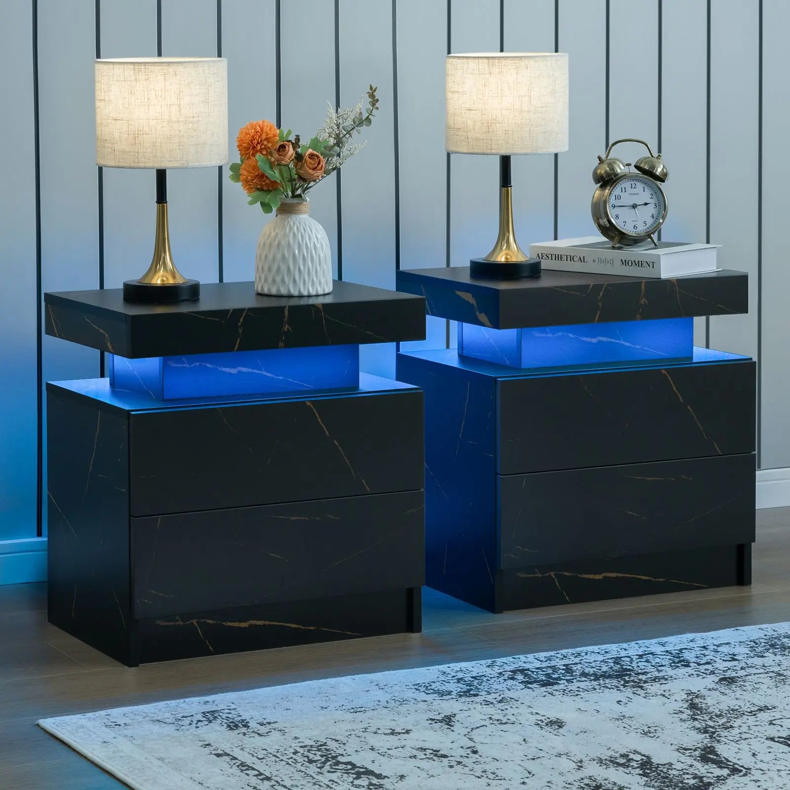 Set of 2 LED Nightstand with 2 Drawers for Bedroom
