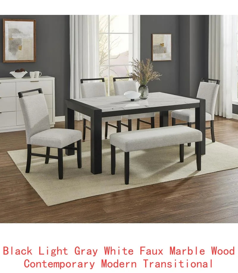 Contemporary 7pc Dining Set with White Faux Marble Rectangular Table