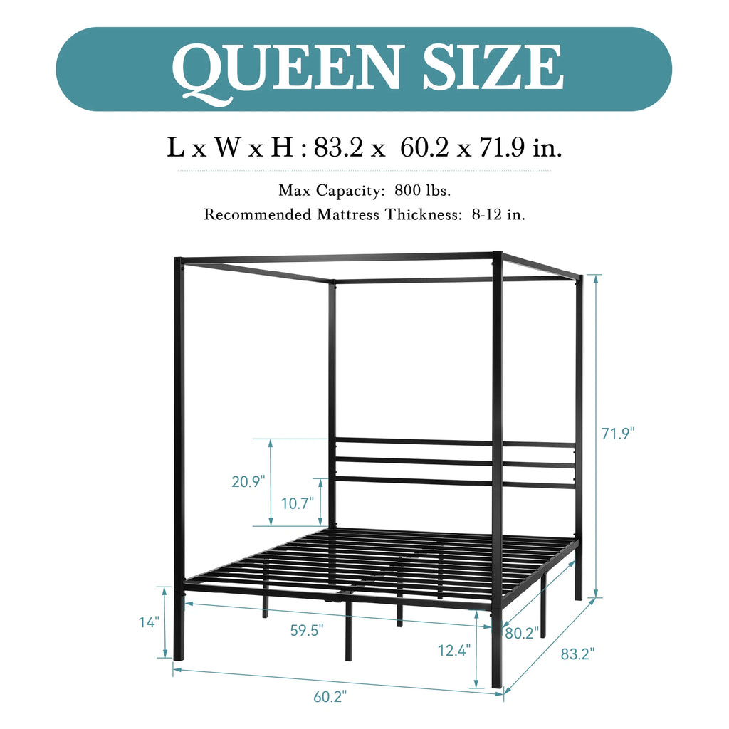 Canopy Bed Frame 3-Metal Crossbar, No Box Spring Needed