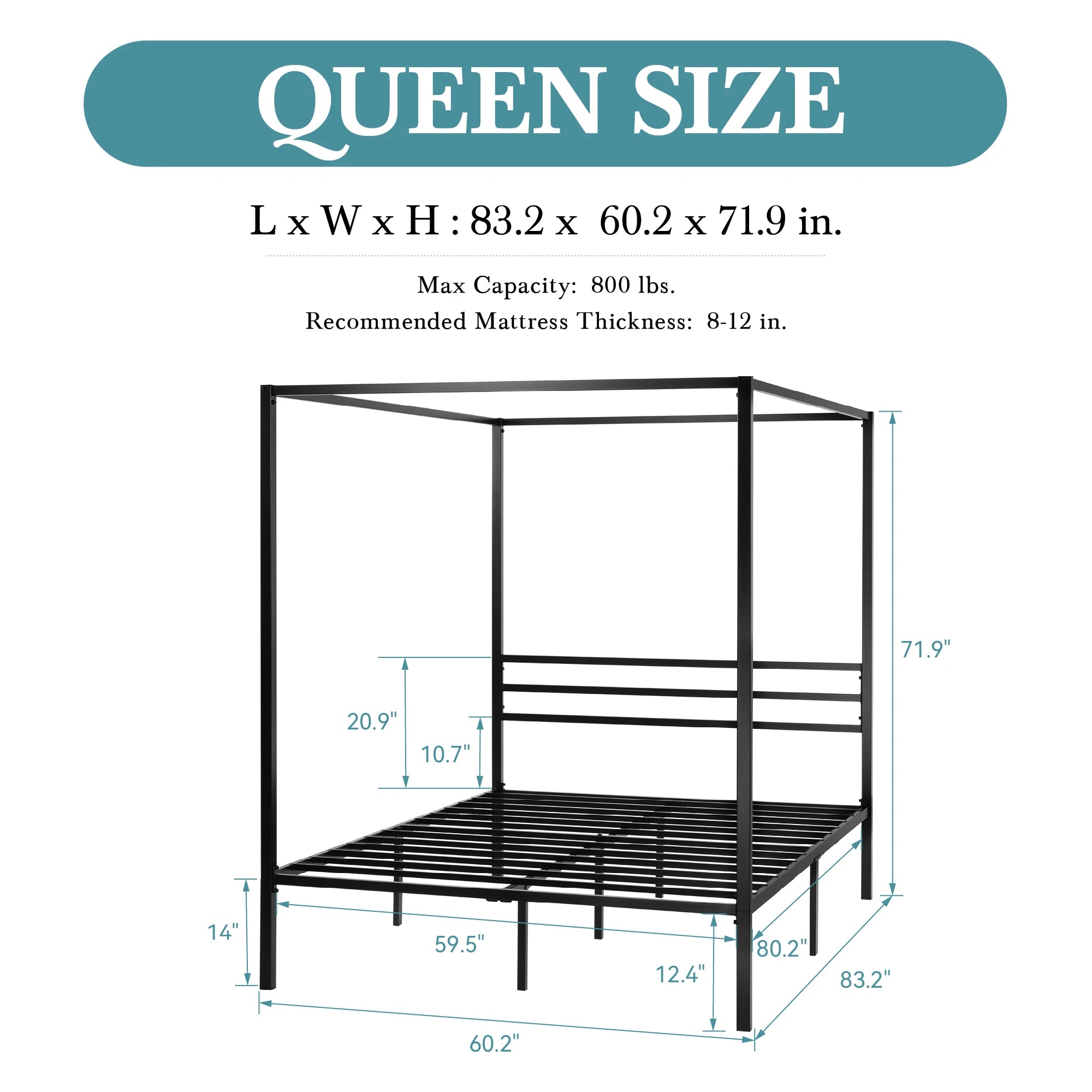 Canopy Bed Frame 3-Metal Crossbar, No Box Spring Needed