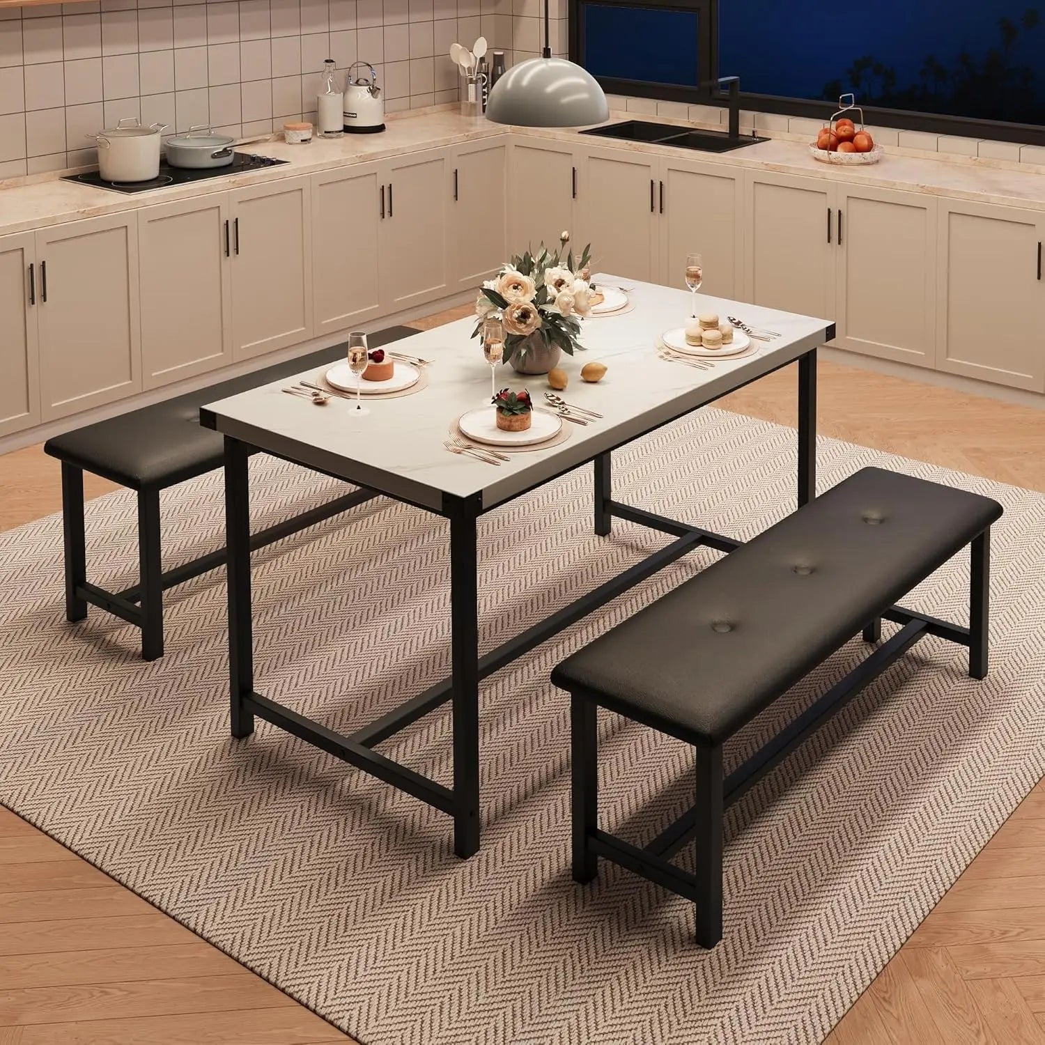 Dining Table Set with 2 Upholstered Bench