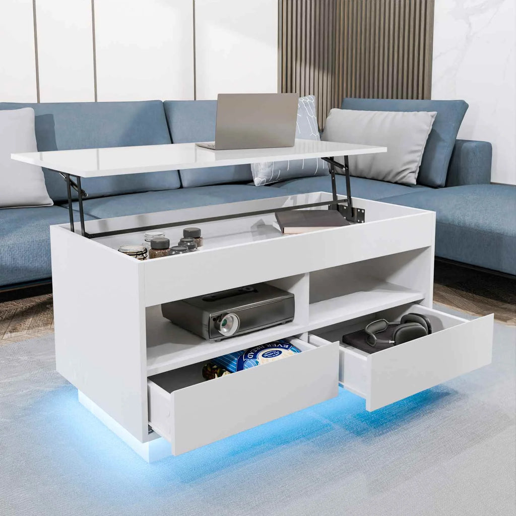 Top Lift Coffee Table with RGB LED Light High Gloss Surface