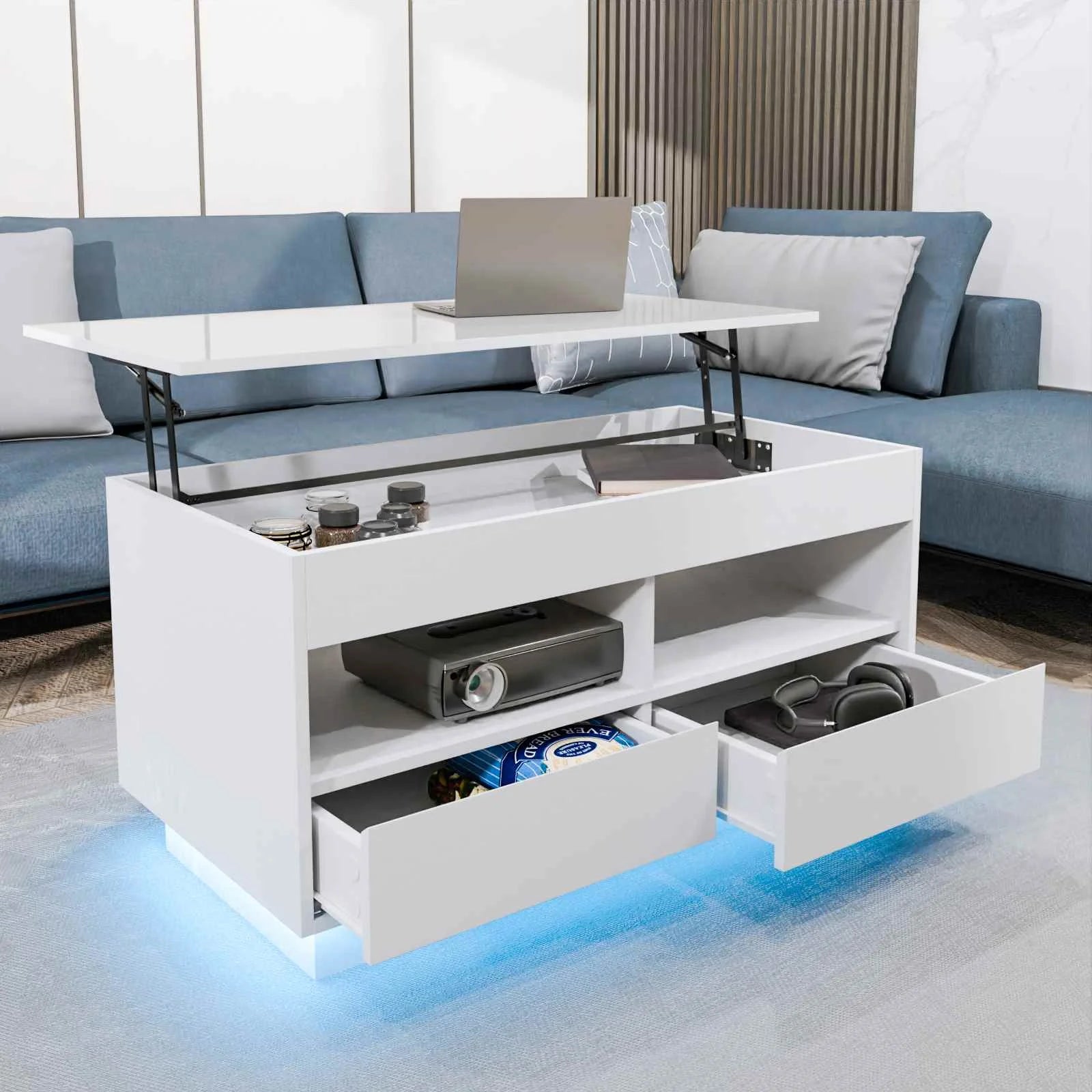 Top Lift Coffee Table with RGB LED Light High Gloss Surface