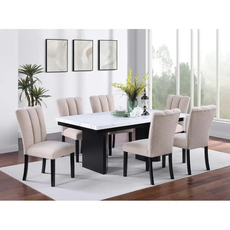 Classic Two-Tone White Faux Marble Top Dining Table with 6 Side Chairs