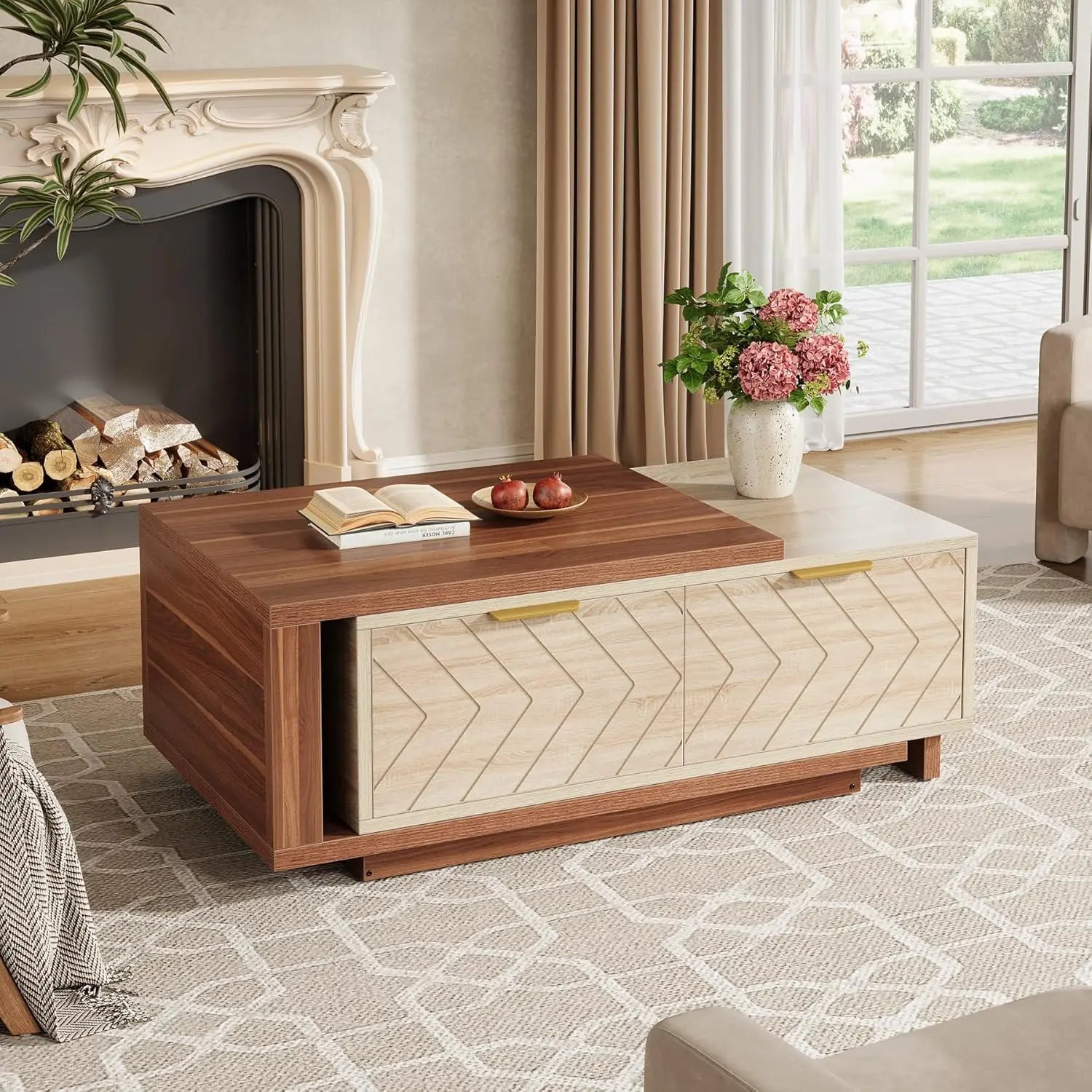 Adjustable Reversible Wood Coffee Table with 2 Storage Drawers