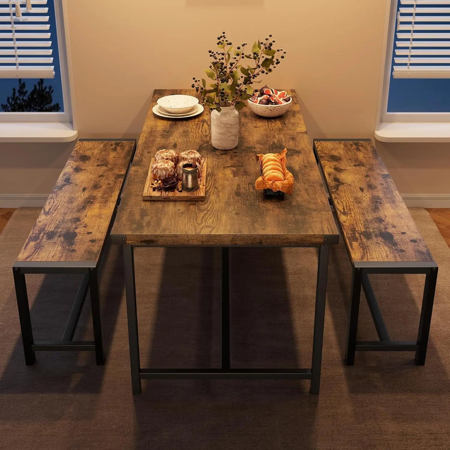 Kitchen Table with 2 Metal Wood Benches 3 Piece Bench Set