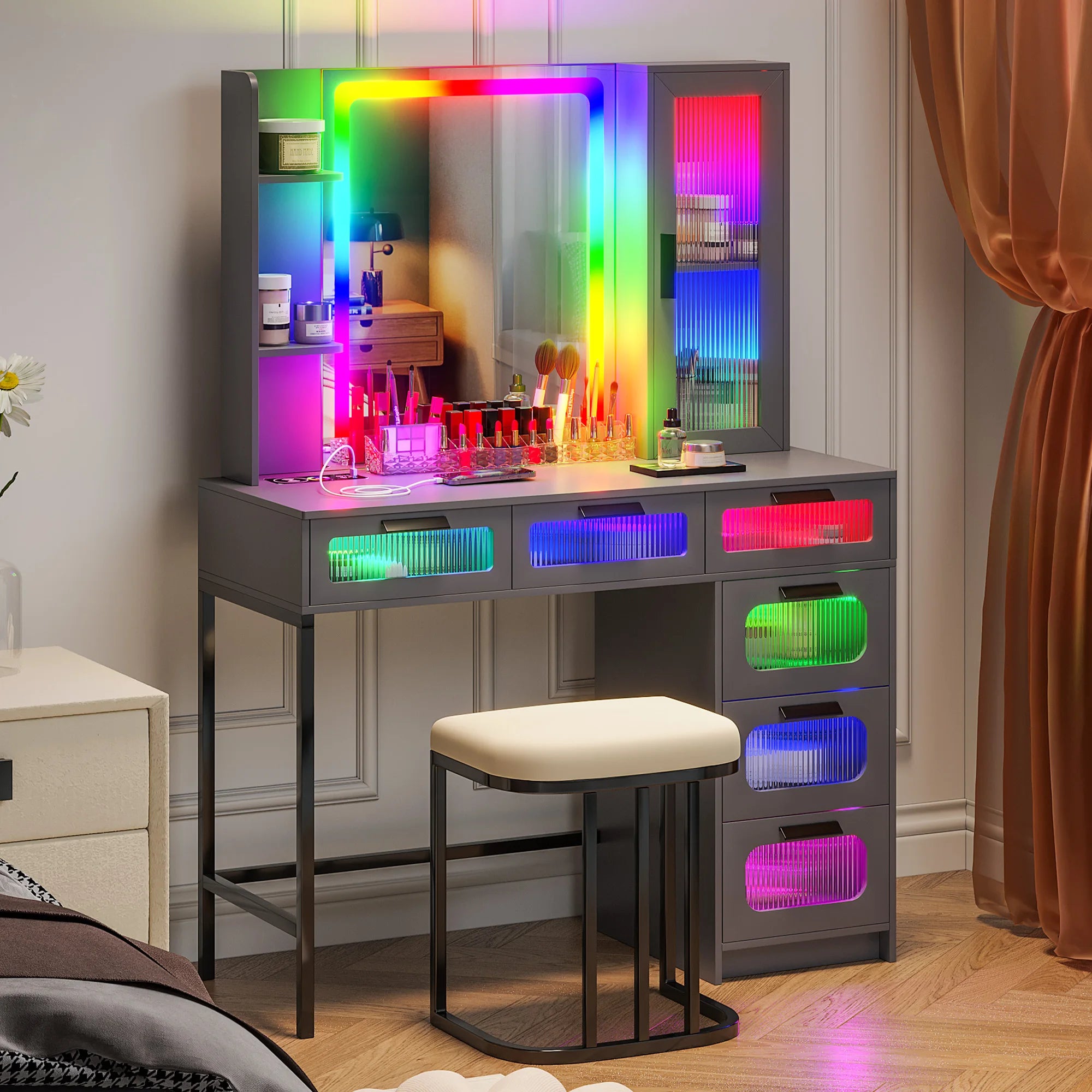 Vanity with RGB Lights and 6 Drawers, with USB/Wireless Charging