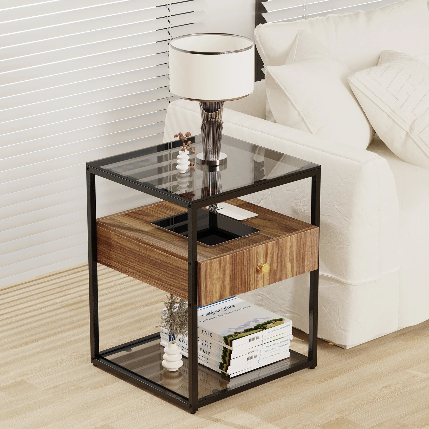 Tempered Glass Side Table, Nightstand, with Drawer and Shelf