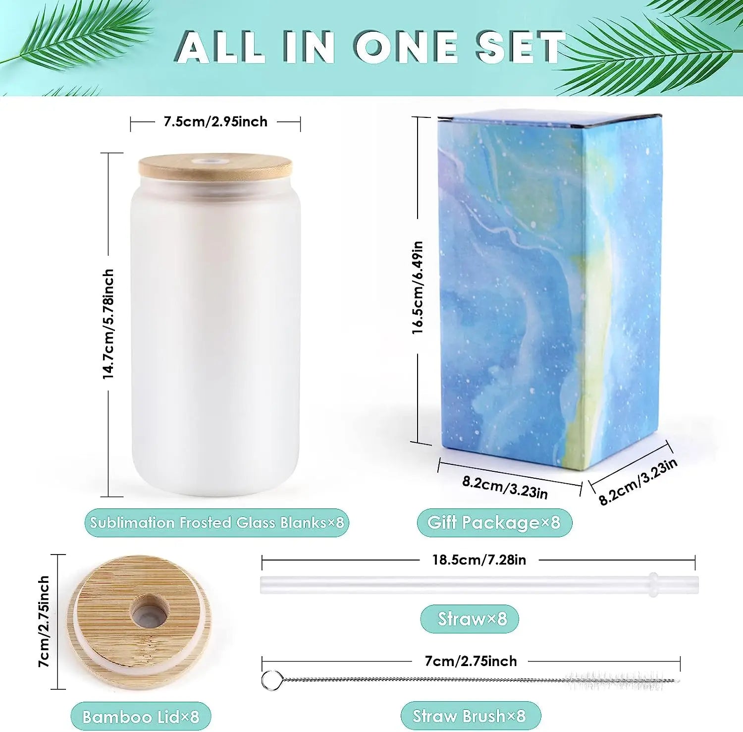8 Pack 16OZ Frosted/Clear Glass Sublimation Tumblers with Bamboo Lid