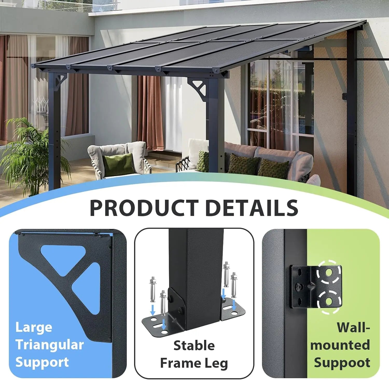 8'x10'  Large Wall-Mounted Heavy Duty Awnings, for Backyard