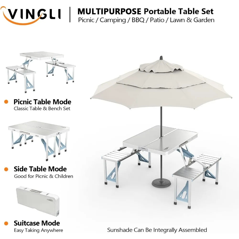 4Ft Folding Camping Picnic Table with Seats/Umbrella Hole