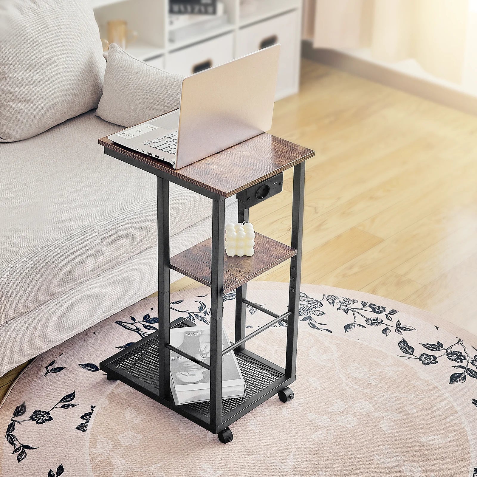 End Table w/ Charging Station  w/ Storage Shelf & Rolling Wheels