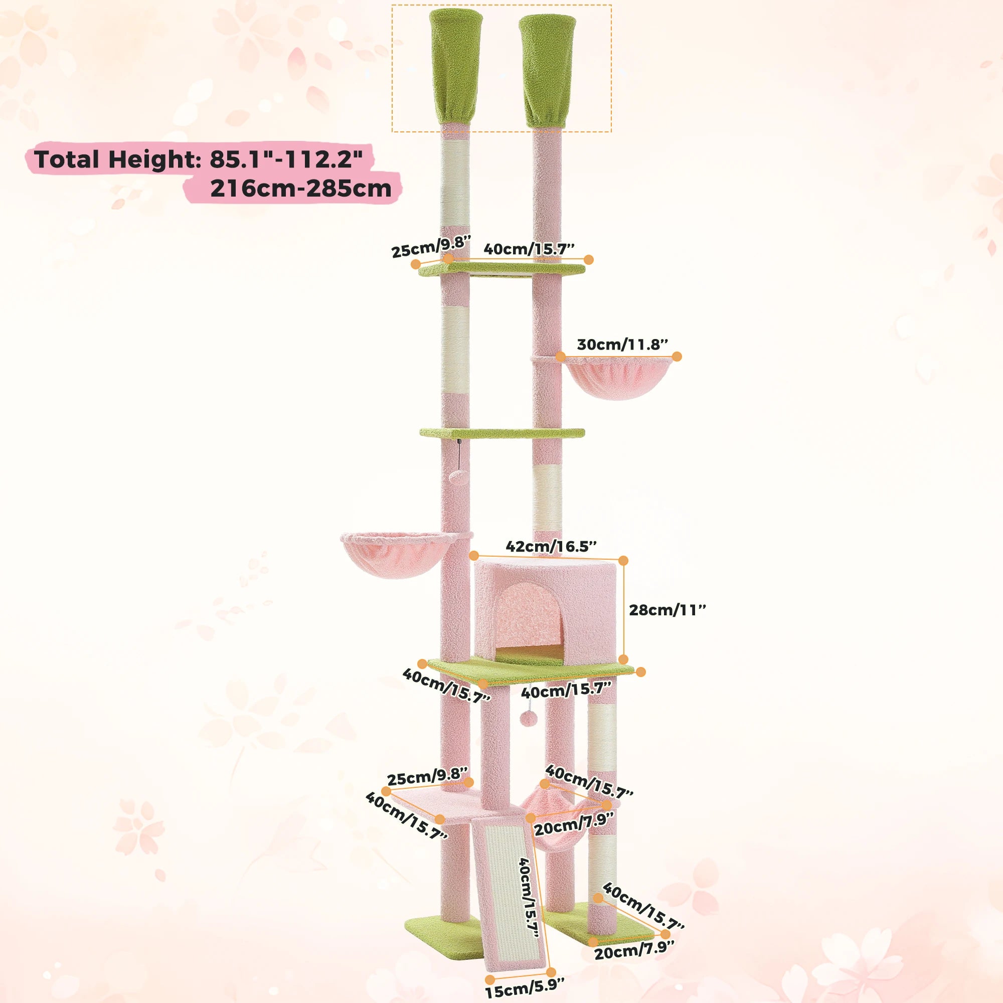 Floor to Ceiling Cat Tower with Adjustable Height 7 Tiers