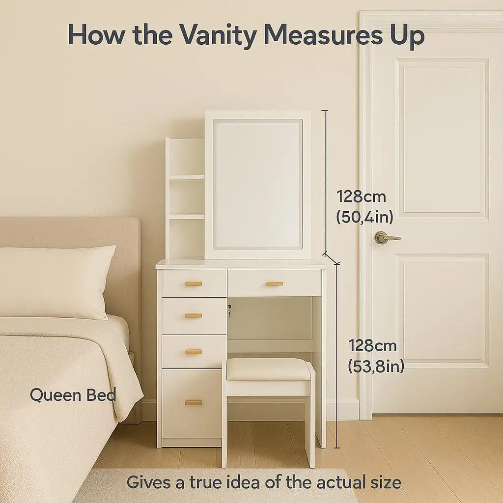 Large Vanity Table Set with LED Mirror, 5 Drawers & Shelves