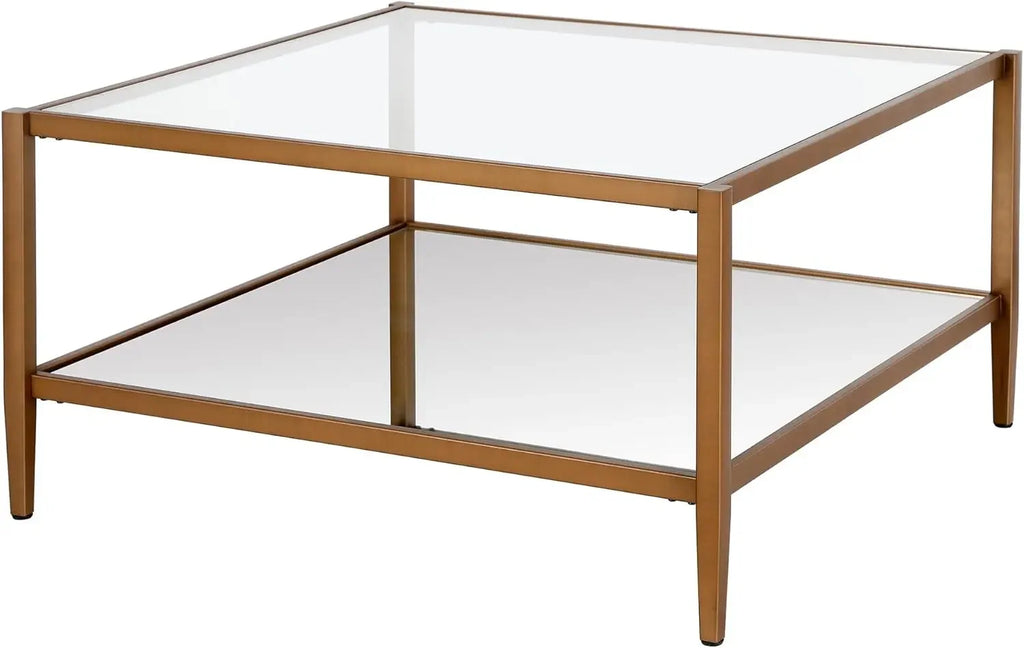 -32" Wide Square Coffee Table with Mirror Shelf in Antique Brass