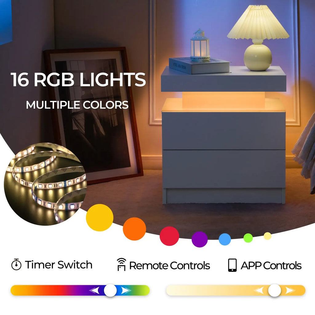 Set of 2 LED Nightstand with 2 Drawers for Bedroom