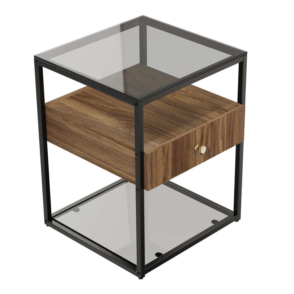 Tempered Glass Side Table, Nightstand, with Drawer and Shelf