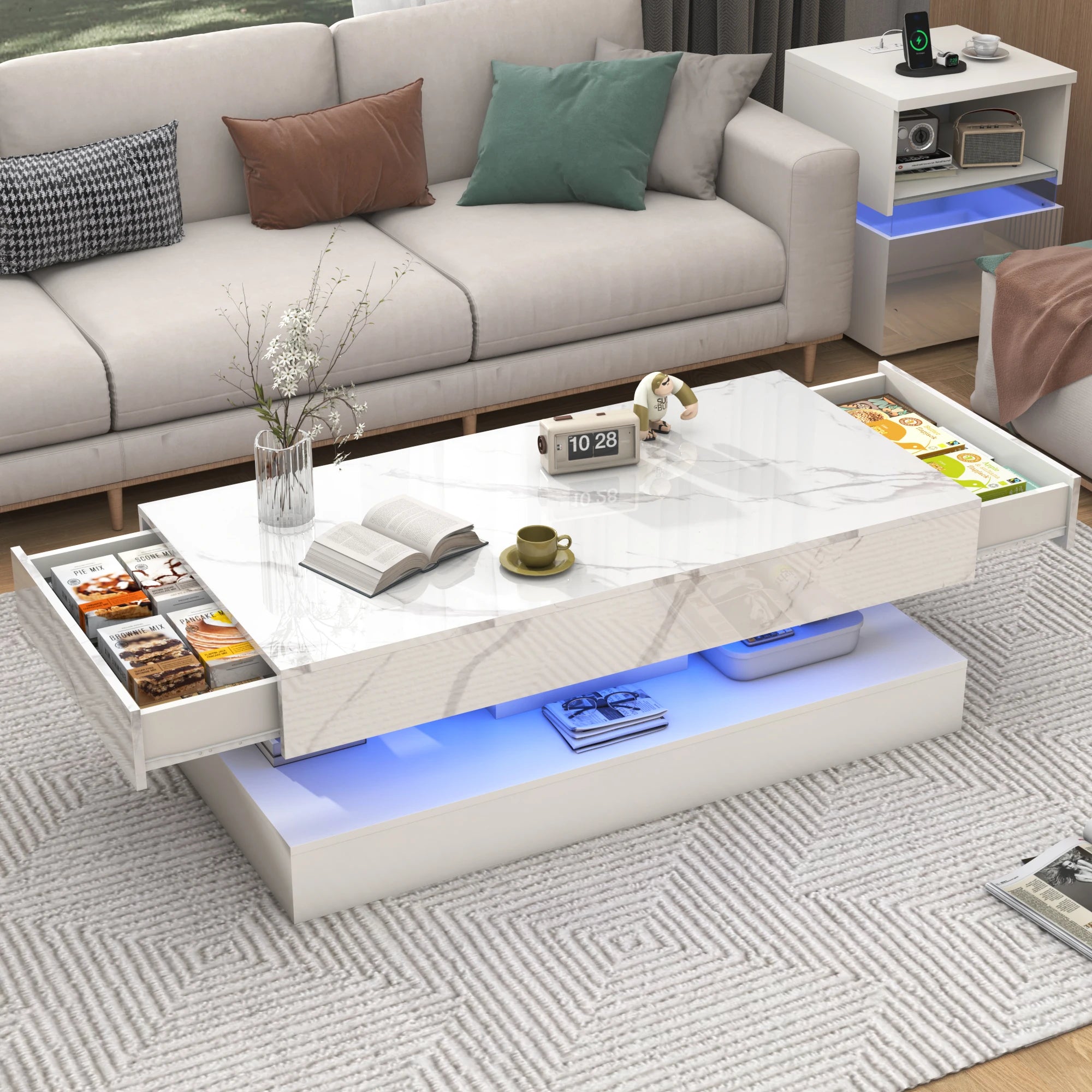 Table with LED lights, Double-Layer Design for Living Room