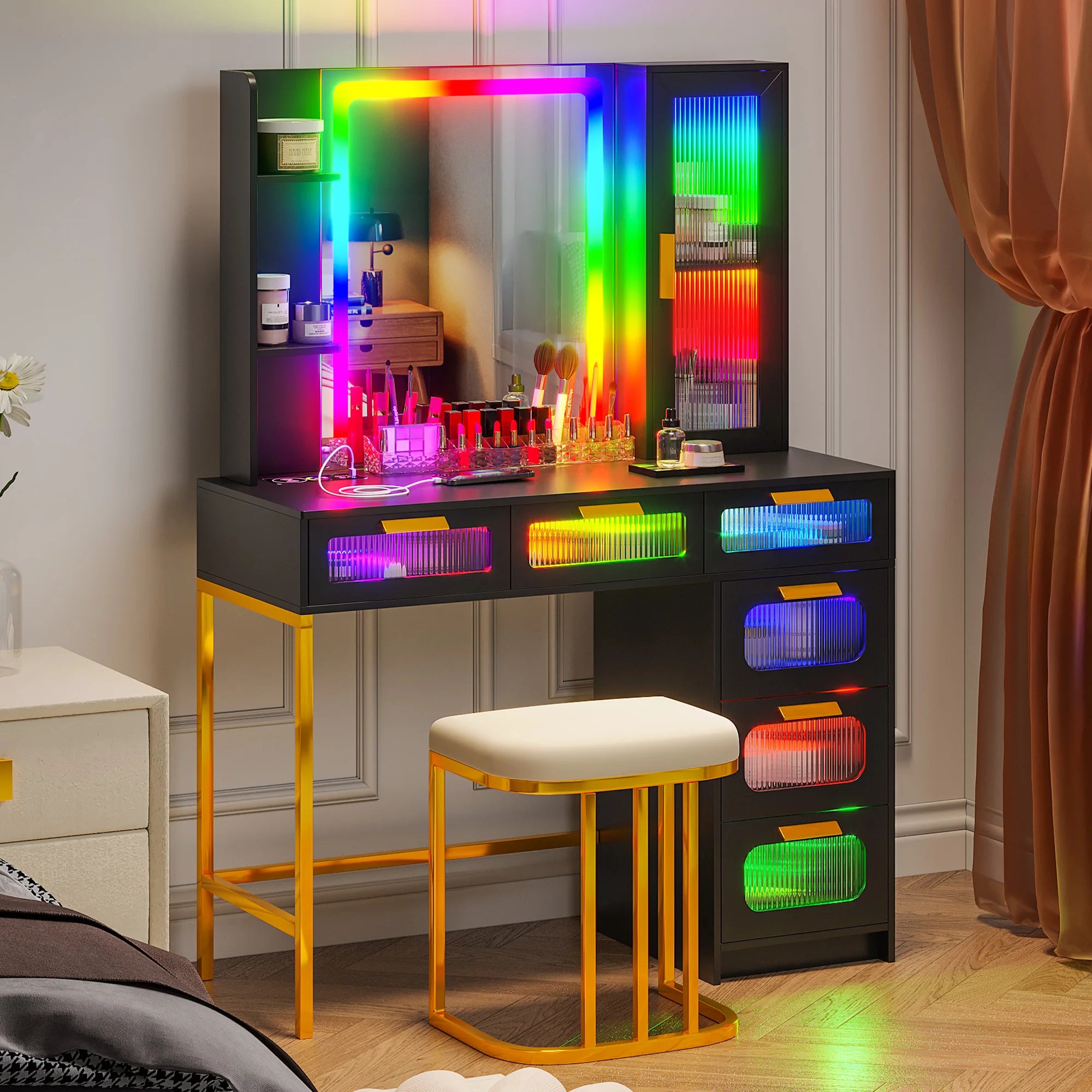 Vanity with RGB Lights and 6 Drawers, with USB/Wireless Charging